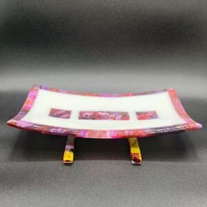 Beautiful White Purple Orange Swirl Fused Glass Stain Glass Rectangle Art Dish